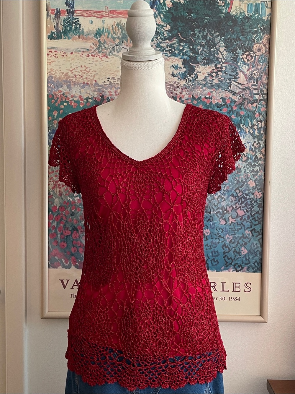 Vintage Red Crochet Knit Top Medium V-Neck Scallop Hem Boho Cocktail Party 90s